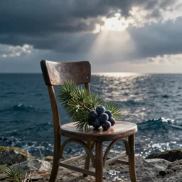 A juniper berry sitting on a chair in the middle of the ocean