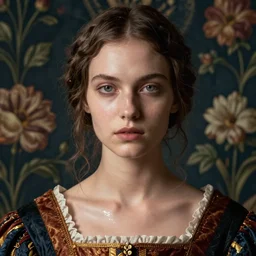 close - up portrait of beautiful androgynous model in renaissance dress, background with flowered wallpaper, art by irina ionesco