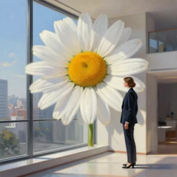 huge daisy flower head, woman in suit, standing by a modern window in luxury apartment, surreal photography, sunlight, impressionist painting, digital painting, artstation, simon stalenhag