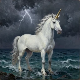 gothic unicorn standing in the ocean during a thunderstorm, oil on canvas, artstation, by J. C. Levendecker and Peter Paul Rubens