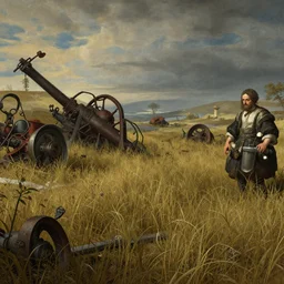 a highly detailed beautiful matte painting of the Outer Worlds screenshot, a tall grass field, broken machinery painted by Caravaggio and by Rembrandt by Jan van Eyck