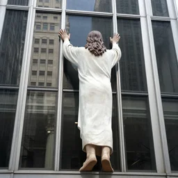 big jesus is knocking on the skyscraper windows of the united nations, full body