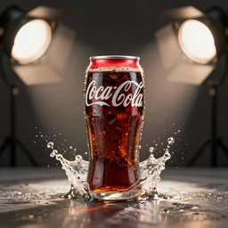 can of coke!! ( in a splash of water ), studio photo, studio lights, macro shot