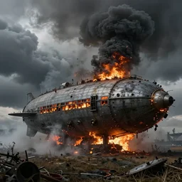 an immense steampunk airship crashed and burning in a field, thick black smoke billowing, turbulent storm clouds, dystopian, fog, sharp focus, octane render, imax