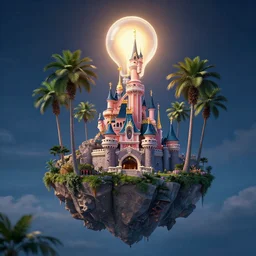 the disney castle surrounded by giant palm trees on a giant floating island in the sky at night while a huge light bulb illuminates the island from above, cinematic, digital art by erik johansson, 8 k resolution, hyper detailed, sharp focus