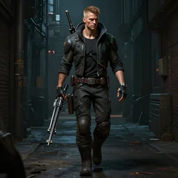 a detailed matte painting of an extremely handsome misha colins as the terminator walking down a dark alley in cyberpunk 2 0 7 7, holding futuristic crossbow, volumetric lighting, octane render, 8 k, art by greg rutkowski and albert bierstadt and alphones mucha
