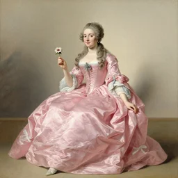 1 7 7 0 s full body portrait of a beautiful french princess holding a flower in her hand sitting down by joseph ducreux, highly detailed, a beautiful long pink gown, beautiful face with gentle features, pastel on parchment, circa 1 7 7 2