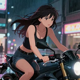 a beautiful girl with long dark hair riding a motorcycle, rainy night, city background, neon lights, sharp focus, intricate, digital painting, artstation, official media, anime key visual, highly detailed, rich vivid colors, ambient lighting, illustration, art by Artgerm, Makoto Shinkai, Ilya Kuvshinov, Lois Van Baarle, and Rossdraws