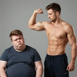 big handsome muscular guy flexing to try to impress a bored fat guy