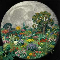 a landscape on the moon with many craters, a beautiful flowering garden, a lot of exotic vegetations and trees, 8 k, in the style of martin johnson heade and roger dean