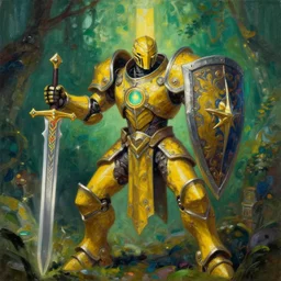 full body, attack position abstract painting in lush fantasy environment of a ornate holy mechanical warforged with circular glowing eye, character in yellow armor holding a legendary paladin engraved holy great longsword and carrying a huge heavy paladin shield, vertically flat head, face in focus, epic , trending on ArtStation, masterpiece, cinematic lighting, by Delphin Enjolras, by Ruan Jia, by Greg Rutkowski, by Ross Tran