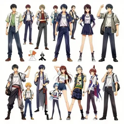 fashion, shibuya, anime, game, characters reference sheet, high quality, ultra detailed