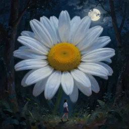 giant daisy flowers head, girl walking in dark forest, surreal photography, dark night, stars, moon light, impressionist painting, clouds, digital painting, artstation, simon stalenhag