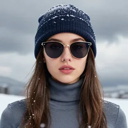 glamor portrait, young female model, electric sunglasses, beanie, turtleneck, falling snow, cloudy background, intricate detailed hyperrealistic by mandy jurgens and studio ghibli and alyssa monks, bold colors, artstation