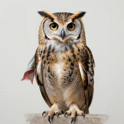 realistic portrait beautiful painting of indonesia owl, normal bird feathers with scarf. full body, fine art, trending on artstation, smooth draw, sharp focus, digital art, bright colors, fine draw, perfect lighting, high render, high resolution.