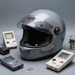 a motorcycle hmd helmet in the style of a 1 9 8 0 s grey aged cassette tape player, a gameboy dmg - 0 1 classic, as well as the handyboy, konami hyperboy, saitek boosterboy accessories. cyberdeck. product photography. random bits and bobs.