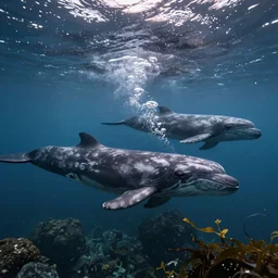ultra realistic underwater photography, panoramic picture of an ocean floor with large baluga whales. lots of bubbles. seaweed and some rocks. gloomy scattered light entering from the water surface, artstation, 8 k