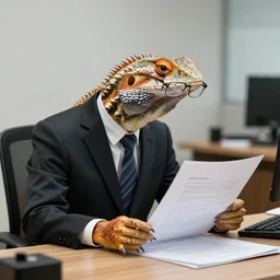 photo of a real lizard in a suit and glasses, reading a document at a desk in an office. Highly detailed 8k. Intricate. Sony a7r iv 55mm. Award winning.