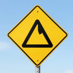 a yellow road sign with a warning symbol on the street