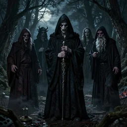 The night of the 5 murderous sorcerers, horror scene, highly detailded. By Konstantin Razumov