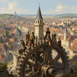 medieval city standing on a giant cog gear mechanism buildings vista artstation illustration sharp focus sunlit vista painted by ruan jia raymond swanland lawrence alma tadema zdzislaw beksinski norman rockwell tom lovell alex malveda greg staples