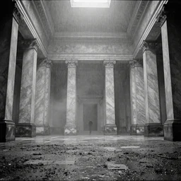 movie still of a gigantic marble hall with high ceiling, cinestill 8 0 0 t black and white, by andrei tarkovsky, very heavy grain, high quality, high detail, ultra wide lens, sharpness, flares, anamorphic, foggy, mud, rain