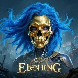 beautiful cinematic poster, female cyberpunk cyborg, a gold sugar skull mask, brilliant blue flowing hair, beautiful glowing eyes, wideshot ultrawide angle epic scale, hybrid from the elden ring and art direction by darius zawadzki, wayne reynolds artstation ; cinematic quality character render ; low angle ; ultra high quality model, quality cinema model