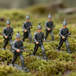Detailed Extreme Close-Up Of Toy Soldiers In Moss And Grass, masterpiece by Edgar Maxence and Ross Tran and Michael Whelan, gustav dore, 8k, octane render