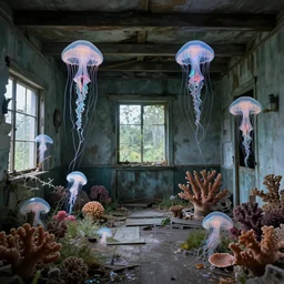 abandoned cottage interior filled with iridescent jellyfish and lush coral