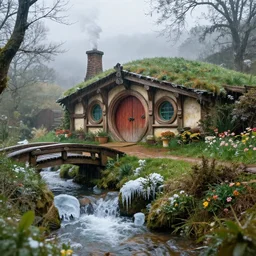 medieval hobbit home, ornate, beautiful, atmosphere, vibe, mist, smoke, chimney, rain, wet, pristine, puddles, waterfall, melting, snow, creek, lush, ice, bridge, forest, flowers, james jean