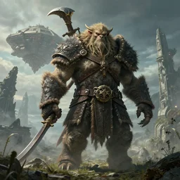 highly detailed elden ring portrait photo of a huge furbolg golurk. a massive spaceship in a scenic megalophobic dystopian environment in the background, hyperrealistic illustration by william didier - pouget