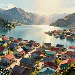 fishing village crowded with houses around a lake, mountains in background, concept art, digital painting, style of jordan grimmer, warm lighting, futuristic, volumetric lighting, view from below, vivid colours, bright, daytime, godrays, high detail
