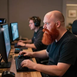 a bald man with a big red beard playing video games by dan mumford and sandra chevrier, 4 k