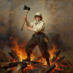 woman in a beekeper suit, holding a fire axe in the air, standing on a pile of burnt wood and embers, flying embers out of focus, in the style of 1 9 th century oil painting