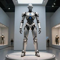 cybernetic cyborg futuristic cyberpunk suit of armor in a museum, year 2200, wide angle, center frame