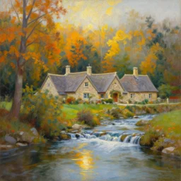 a painting of sparse stone cottages underneath a dense forest, with a cascading river and pristine reflect. gorgeous, elegant, sophisticated, an ultrafine painting, intricate brused strokes, bright depth oil colors, photography by araken alcantara, mist diffuse promiseful illumination, autumn sunrise warm light, detailed and intricate environment of hope. trended on bodyscapes