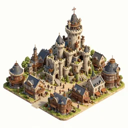 isometric view of hyper realistic steampunk town with a castle and buildings