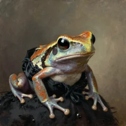 a head - and - shoulders portrait of an amazon milk frog looking off camera and wearing a black frock coat, an american romanticism painting, a portrait painting, cgsociety, soft focus, oil on canvas