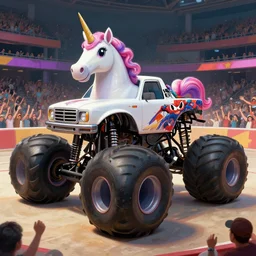 a Unicorn monster truck and a Spiderman monster truck in an arena with cheering fans, concept art by Doug Chiang cinematic, realistic painting, high definition, digital art, symmetrical, very detailed, extremely high detail, photo realistic, concept art, unreal engine 5,