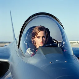 film still, extreme far view, emma watson, in fighter jet cockpit, apocalypse now, associated press, 2 6 mm, kodak ektachrome, blue tint expired film,