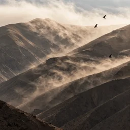 arid winds blow across the mountains, giving flight to the birds of prey.