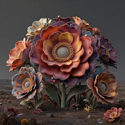 desolate landscape fill with giant flowers, moody :: by James Jean, Jeff Koons, Dan McPharlin Daniel Merrian :: ornate, dynamic, particulate, rich colors, intricate, elegant, highly detailed, centered, artstation, smooth, sharp focus, octane render, 3d