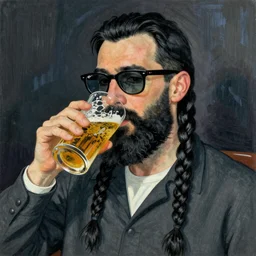 egon schiele moebius art style long black braid beard thick eyebrows  black short hair colin farrell ray ban glasses drinking a pint of beer