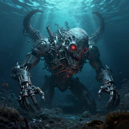 A mechanical Lovecraftian Nightmare deep underwater, digital art, trending on artstation