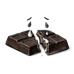 book illustration of a chocolate bar crying because he has been split in half, book illustration, monochromatic, black and white image, white background