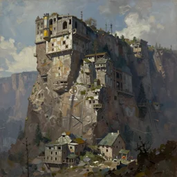 concept art of brutalist big base on cliffs, oil painting by jama jurabaev, extremely detailed, brush hard, artstation, for aaa game, high quality, brush stroke