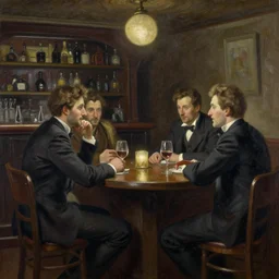 a stunning painting of a meeting in a bar by thomas kinkade and john aktinson grimshaw, matte painting, moody palette