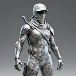 3 d rendering of marble and chrome statue of ninja wearing full face mask and hunter hat, no pose, combat suit, technological, octane render