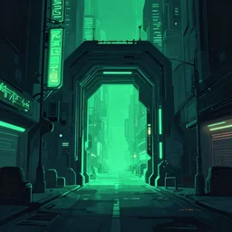 a sci - fi portal in a cyberpunk street, neon lights, green and blue tones, dark cyberpunk metropolis, art by dayer diego, dayer diego artwork, concept art, simple,