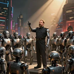robot revolutionary (((speaking to))) a crowd of robots amid the backdrop of a cyberpunk city in the socialist realist style of lenin speaking to the red army by isaac brodsky